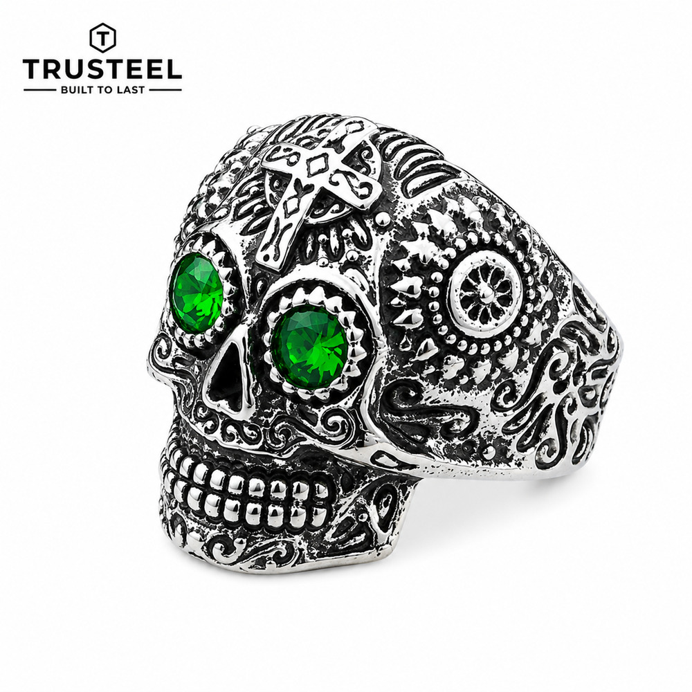 Sugar Skull Ring 316L Stainless Steel GreenCZ Gothic Day of the Dead size 10